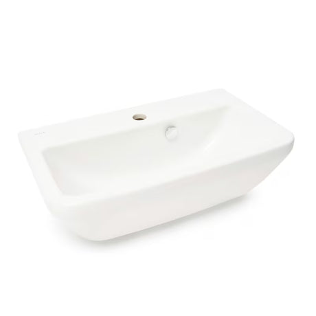 Biała umywalka wisząca Vitra Integra 60x36 cm z ceramiki z otworem na baterię pośrodku i przelewem.