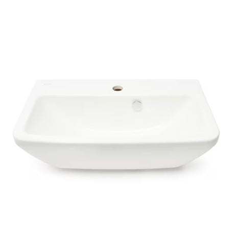 Biała umywalka wisząca Vitra Integra 60x36 cm z ceramiki z otworem na baterię pośrodku i przelewem.