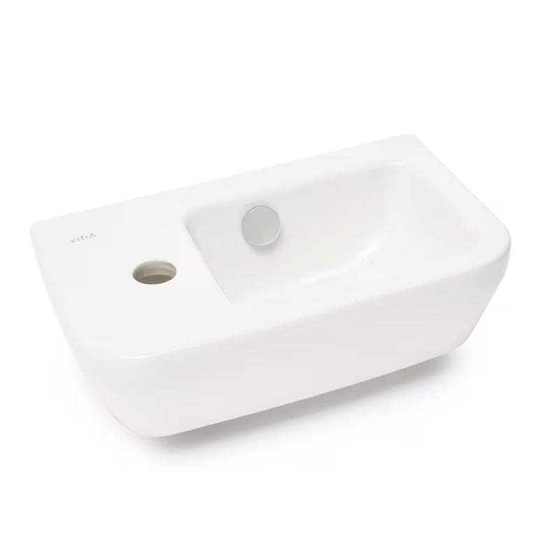 Biała ceramiczna mała umywalka Vitra Integra 37x22 cm z otworem na baterię po lewej stronie, w połysku