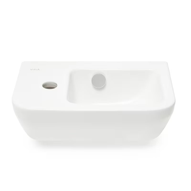 Biała ceramiczna mała umywalka Vitra Integra 37x22 cm z otworem na baterię po lewej stronie, w połysku
