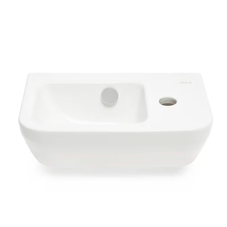 Biała ceramiczna mała umywalka Vitra Integra 37x22 cm z przelewem i otworem na baterię po prawej stronie