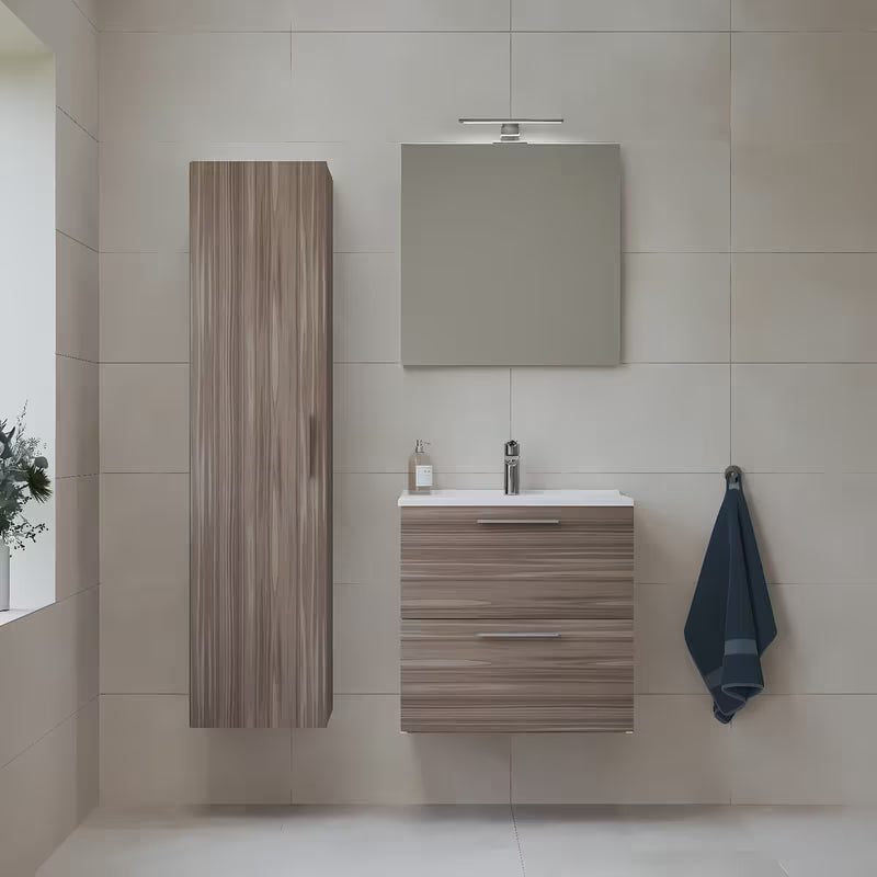 Zestaw mebli Łazienkowych vitra Mia w dekorze cordoba z umywalką ceramiczną, lustrem i oświetleniem LED.