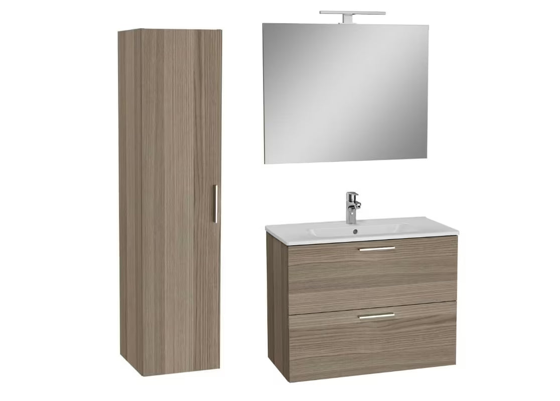 Wisząca zestaw mebli łazienkowych vitra Mia w dekorze cordoba z umywalką ceramiczną, lustrem i oświetleniem LED
