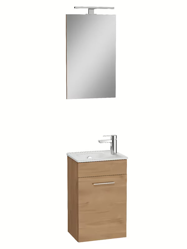 Kompaktowy zestaw mebli łazienkowych Vitra Mia 39x28 cm w dekorze dąb złoty z szafką, umywalką i lustrem
