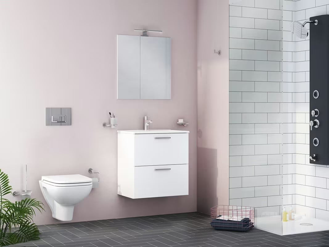 Biały zestaw mebli łazienkowych Vitra Mia z umywalką ceramiczną, szafką wiszącą, lustrem i oświetleniem LED.