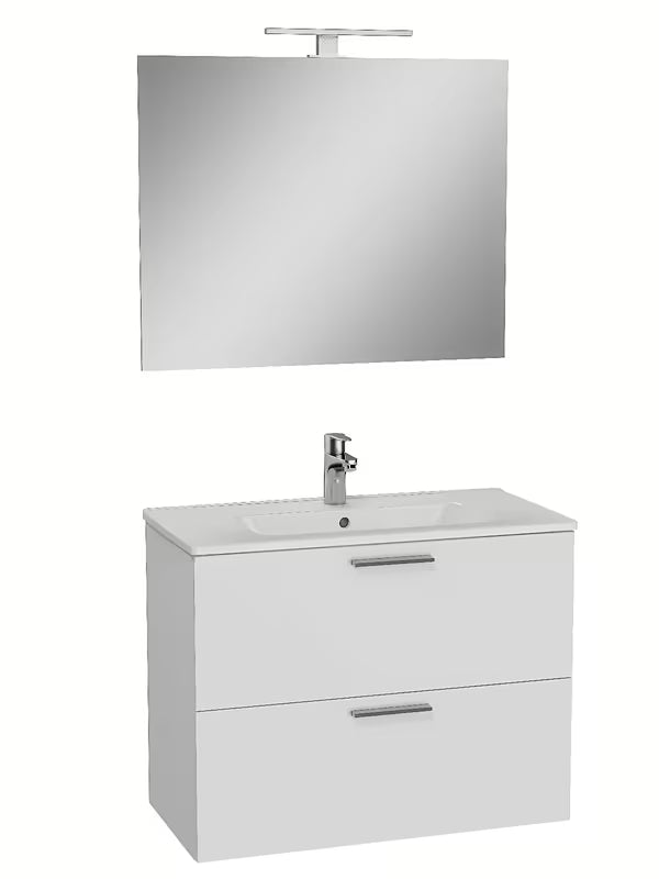 Biała zestaw mebli łazienkowych Vitra Mia z umywalką ceramiczną, szafką wiszącą, lustrem i oświetleniem LED.