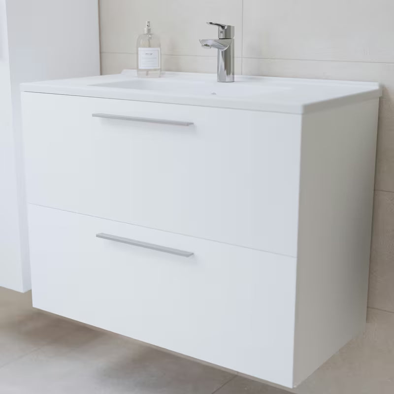 Biała zestaw mebli łazienkowych Vitra Mia z umywalką ceramiczną, szafką wiszącą, lustrem i oświetleniem LED.