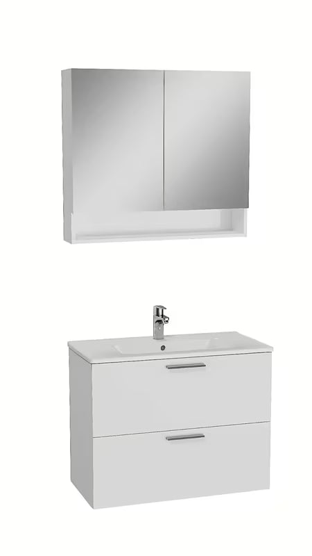 Biała zestaw mebli łazienkowych Vitra Mia z umywalką ceramiczną, szafką wiszącą i szafką z lustrem