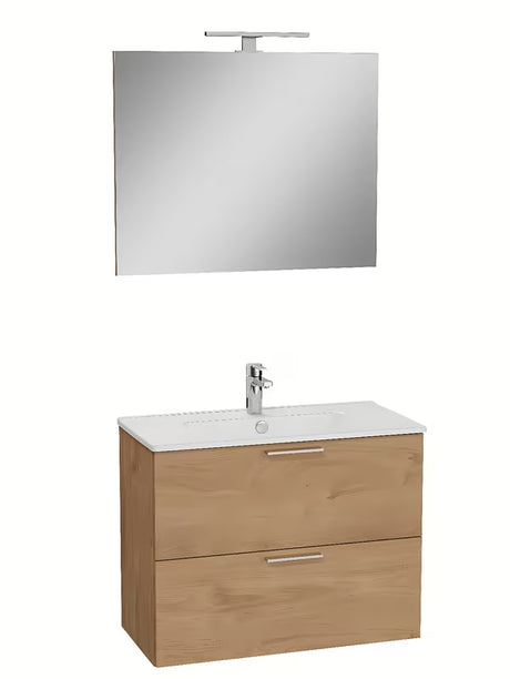 Zestaw mebli Łazienkowych Vitra Mia 79 x 39,5 cm w dekorze złoty dąb z szafką, umywalką, lustrem i oświetleniem LED.