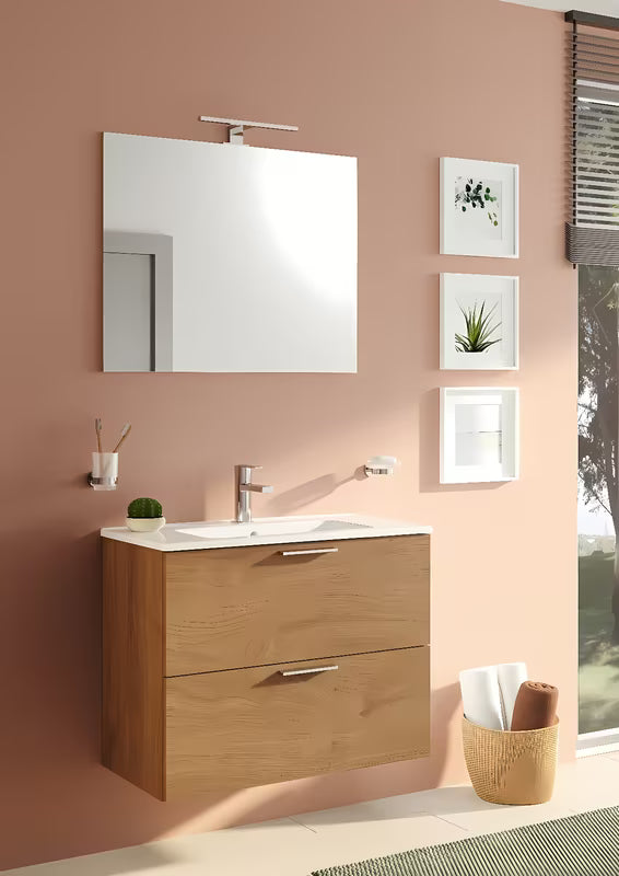 Zestaw mebli Łazienkowych Vitra Mia 79 x 39,5 cm w dekorze złoty dąb z szafką, umywalką, lustrem i oświetleniem LED.