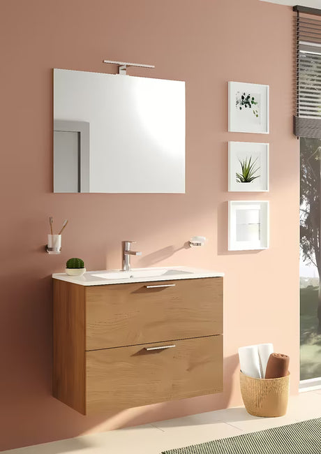Zestaw mebli Łazienkowych Vitra Mia 79 x 39,5 cm w dekorze złoty dąb z szafką, umywalką, lustrem i oświetleniem LED.
