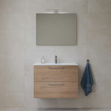 Zestaw mebli Łazienkowych Vitra Mia 79 x 39,5 cm w dekorze złoty dąb z szafką, umywalką, lustrem i oświetleniem LED.