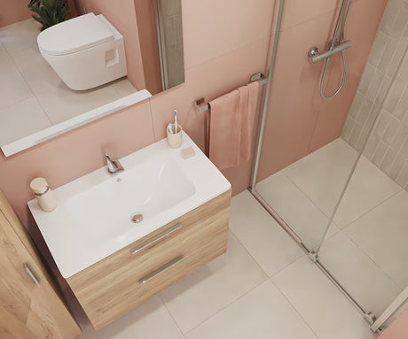 Zestaw mebli Łazienkowych Vitra Mia 79 x 39,5 cm w dekorze złoty dąb z szafką, umywalką, lustrem i oświetleniem LED.