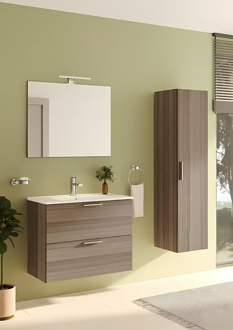 Wysoka wisząca szafka łazienkowa vitra Mia 35x35x145 cm w dekorze cordoba z drzwiczkami i półkami.