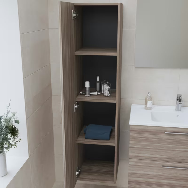 Wysoka wisząca szafka łazienkowa vitra Mia 35x35x145 cm w dekorze cordoba z drzwiczkami i półkami.