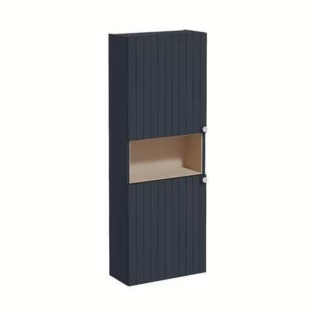 Wisząca szafka łazienkowa Vitra Root Groove 55x155x25 cm w matowym ciemnoniebieskim kolorze z czarnymi uchwytami.