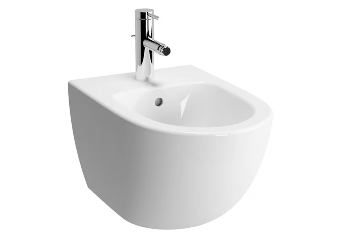 Biały wiszący bidet vitra Shift z ukrytym mocowaniem ceramiki, bez widocznych zaślepek i otworów.
